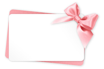 gift greeting card with pink bright ribbon bow Isolated on transparent background, top view, copy space for label price ticket, Christmas and Easter shopping or mother's day present template