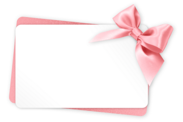 gift greeting card with pink bright ribbon bow Isolated on transparent background, top view, copy space for label price ticket, Christmas and Easter shopping or mother's day present template