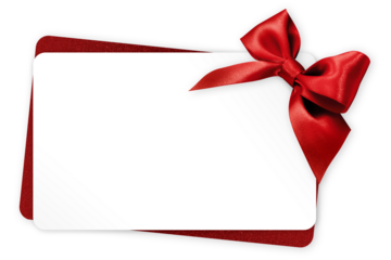 gift greeting card with red bright ribbon bow Isolated on transparent background, top view, copy space for label price ticket, Merry Christmas, mother or valentine's day shopping or advertising banner