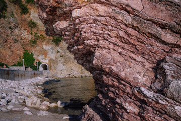 Fototapeta premium Rock on the seashore. Layered structure. Texture. Adriatic.