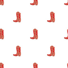 Cowboy boots with ornament seamless pattern. Wild west theme. Hand drawn colored trendy vector illustration on white background