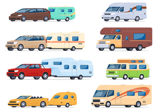 Tourist trailers for travel and recreation. Towed camping trailers with cars. House on wheels. Vector illustration