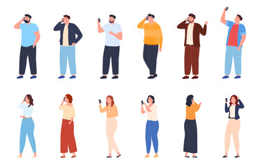 People communicate with each other using smartphones. Men and women talk on the phone with other interlocutors. Vector illustration