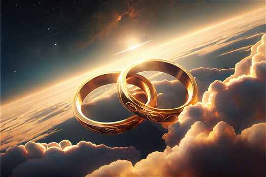 A pair of gold wedding rings floating in the sky