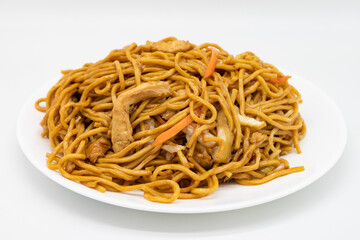 Chinese Style Chicken Lo Mein on a White Plate