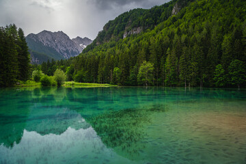 Summer scenery with mountains and turquoise lake in Slovenia