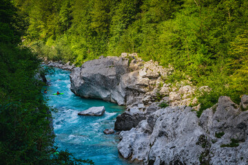 Majestic gorge and Soca river in the forest, Bovec, Slovenia