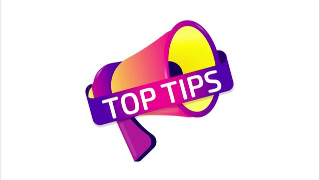 Top tips banner, label, badge icon with megaphone. Flat design. 4K video animation