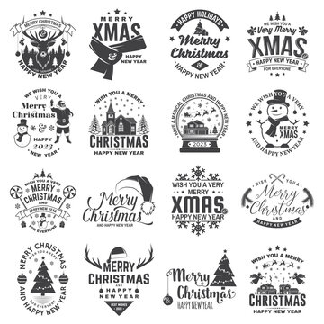 Set of Merry Christmas and 2023 Happy New Year stamp, sticker Set quotes with snowflakes, snowman, santa claus, candy, sweet candy, cookies. Vector Vintage typography design for xmas, new year emblem.