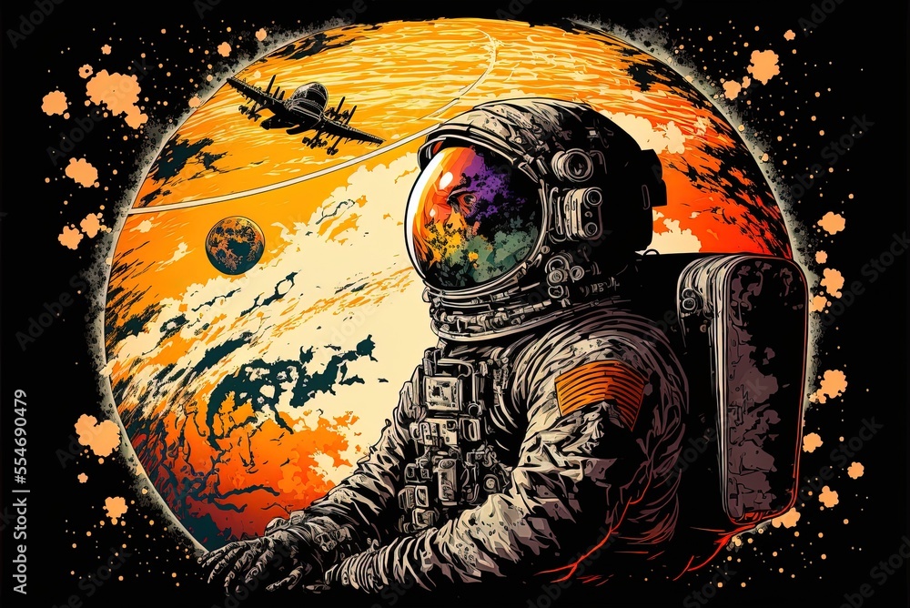 Poster an exotic planet with a research facility is the backdrop for a spaceman's dream. a spacesuit clad c