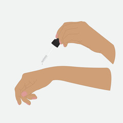 Illustration of woman's hands with serum pipette. A drop of liquid is dripping from a pipette.