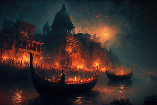 Generative AI : Deepavali or Diwali celebrations at Varanasi and Ayodhya in India, by lighting thousands of earthen lamps for Deepotsava at the river edge