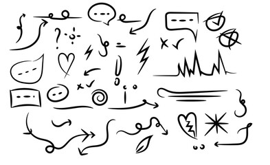 Sketch underline, emphasis, arrow shape set. Hand drawn brush stroke, highlight, speech bubble, underline, sparkle element. Vector illustration.