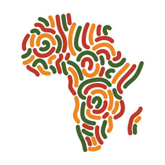 Africa map, decorative silhouette of African continent with abstract lines ornament in color of Pan African flag - red, yellow, green. Liner stroke smooth round lines ornament in shape of Africa