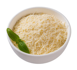 Bowl of shredded parmesan cutout. Grated grana padano cheese in a white bowl isolated on a white background. Delicious hard cheese prepared for cooking. Italian dairy product.