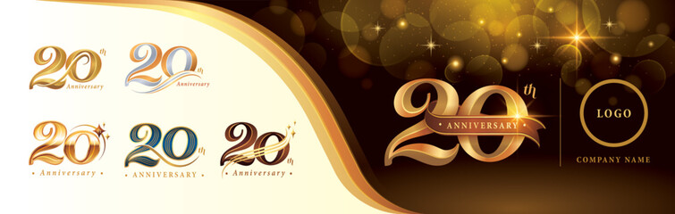 Set of 20th Anniversary logotype design, Twenty years anniversary celebration Logo, Golden Luxury and Retro Serif Number 20 Letters