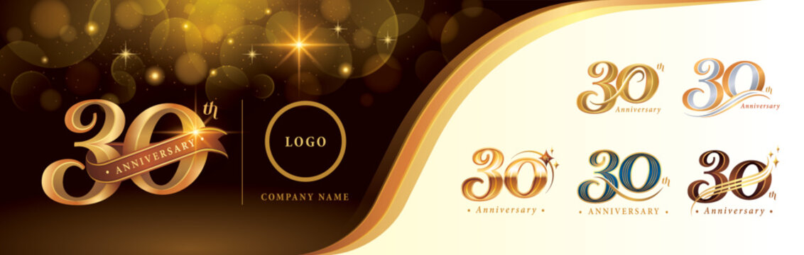Set of 30th Anniversary logotype design, Thirty years anniversary celebration Logo, Golden Luxury and Retro Serif Number 30 Letters