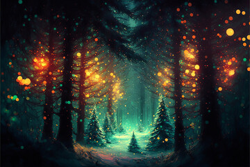 Obraz premium Forest with christmas trees and glowing lights (Generative AI)