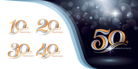 Set of 10 to 50 years Anniversary logotype design, Ten to Fifty years Celebrating Anniversary Logo, Silver and Gold Elegant Classic Logo Celebration,
