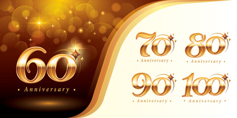 Set of 60 to 100 years Anniversary logotype design, Sixty to Hundred years Celebrating Anniversary Logo, Golden Elegant Classic Logo with Star,