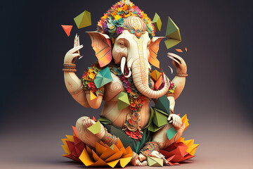 Origami of Indian God Ganesh in colorful flowers craft. Generative AI - obrazy, fototapety, plakaty