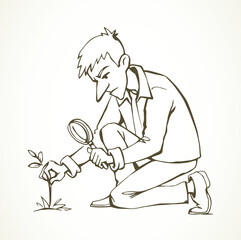 A man with a magnifier is looking for weeds. Vector drawing