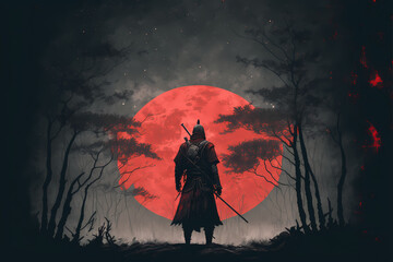 Futuristic Samurai standing backwards in a night grey forest with a big red moon in the background, Panorama landscape scene, illustration art style painting