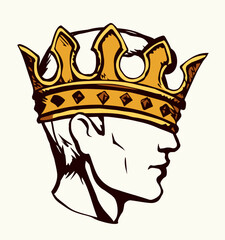 Profile of a handsome man with too big crown. Vector drawing