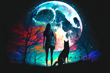 Obraz premium young woman with dog at beautiful night with huge moon above,beautiful colorful, illustration digital generative ai design art style