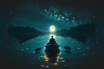 Naklejka na ściany i meble A man rows a boat on a lake at night while numerous glowing moons float on the water, illustration digital generative ai design art style