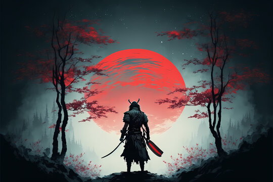 Futuristic Samurai standing backwards in a night grey forest with a big red moon in the background, Panorama landscape scene, illustration art style painting