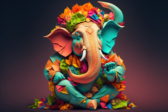 Origami of Indian God Ganesh in colorful flowers craft. Generative AI