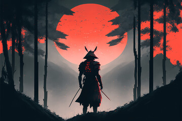Futuristic Samurai standing backwards in a night grey forest with a big red moon in the background, Panorama landscape scene, illustration art style painting