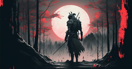 Futuristic Samurai standing backwards in a night grey forest with a big red moon in the background, Panorama landscape scene, illustration art style painting