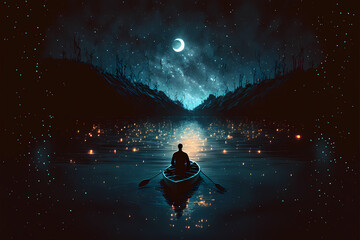 A man rows a boat on a lake at night while numerous glowing moons float on the water, illustration digital generative ai design art style