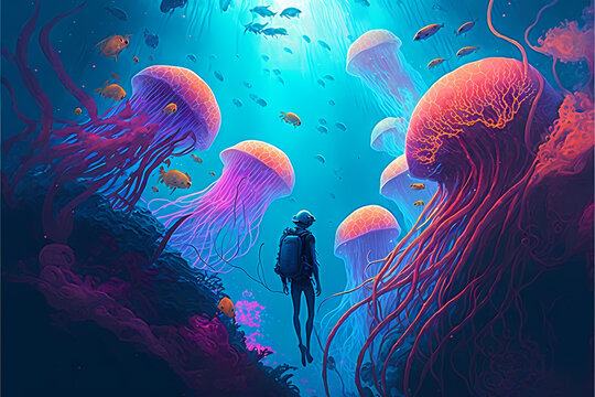 Huge jellyfishes and a diver in fantasy underwater world swimming together ocean sea, beautiful colorful composition landscape, digital illustration ai art style