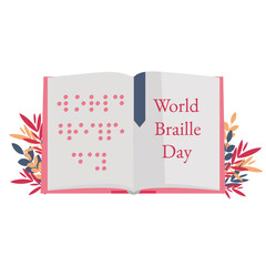 Vector illustration of book with braille alphabet for World Braille Day celebration banner. Vector illustration of a blind people sees the world and the universe through a Braille book