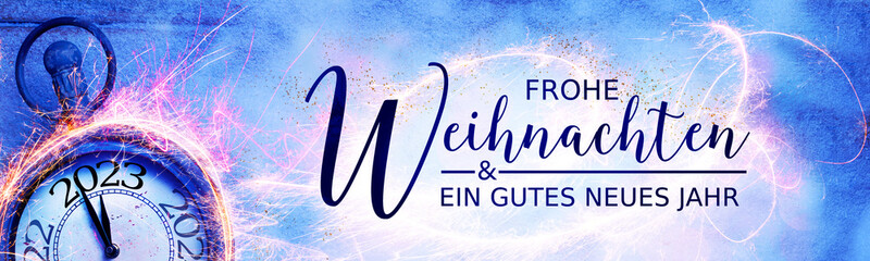 Frohe Weihnachten und ein gutes neues Jahr 2023 - Greeting card with German text, clock, fireworks...