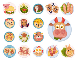 Food for Kids on Plates Serving Ideas Top View Big Vector Set