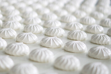 Food industry. View of marshmallows moving along the conveyor