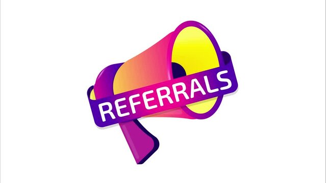 Referrals banner, label, badge icon with megaphone. Flat design. 4K video animation