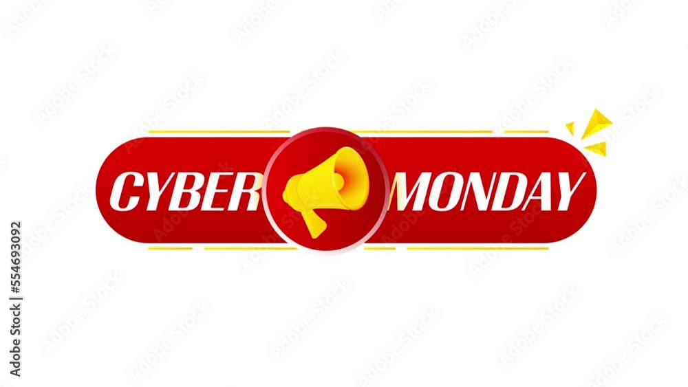 Poster megaphone with cyber monday banner on white background. web design. 4k video animation