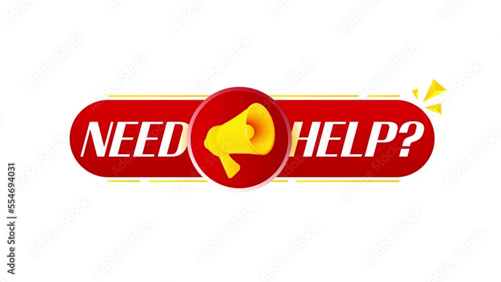 Aufkleber megaphone with need help banner on white background. web design. 4k video animation
