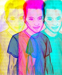 illustration. modern portrait of a charming young guy in a blue t-shirt who smiles and looks down embarrassedly in 3d colors, yellow, pink and turquoise