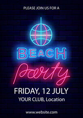 Beach party neon poster with disco ball. Season event flyer. Dance event greeting card. Vector stock illustration