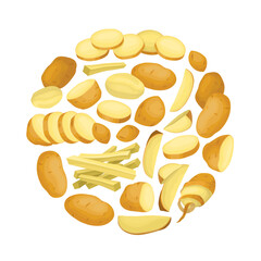 Potato Round Composition Design with Raw Root Vegetable with Peel Vector Template