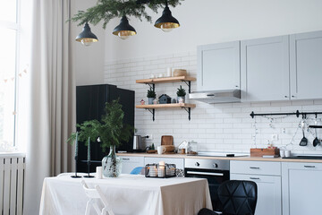 Modern kitchen interior decorated for Christmas