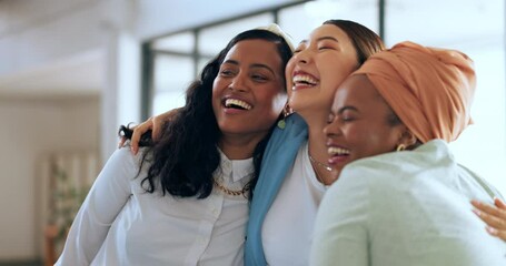 Team, happy and success with women hug and diversity, support and celebrate successful presentation. Collaboration, happiness and excited about win, achievement and solidarity, teamwork motivation.