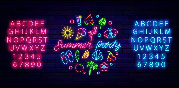 Summer party neon signboard. Circle layout with beach season icons. Hot event badge. Vector stock illustration