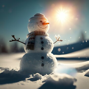 Snowman On The Snow In Bright Sunshine. AI Generative Art